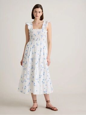 QUINCE Cotton Poplin Smocked Midi Dress with Blue Floral Print